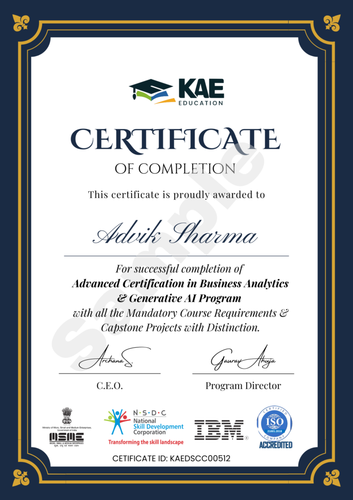 Advanced Certification in Business Analytics & Generative AI by KAE Education - Sample Certificate