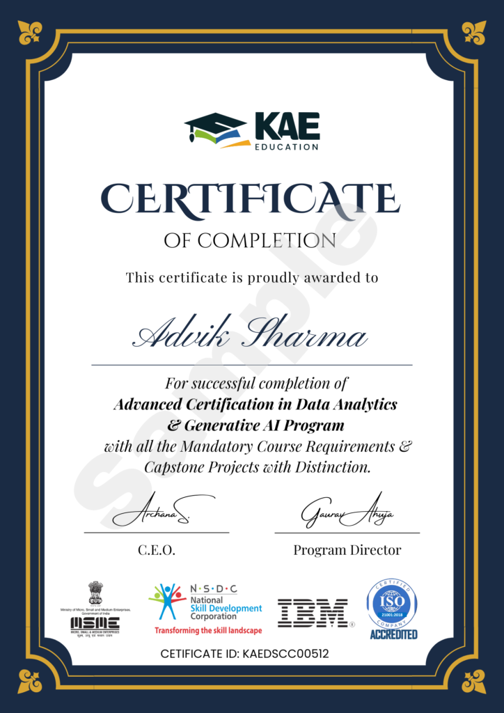 Advanced Data Analytics & Generative AI Certification Program - Sample Certificate