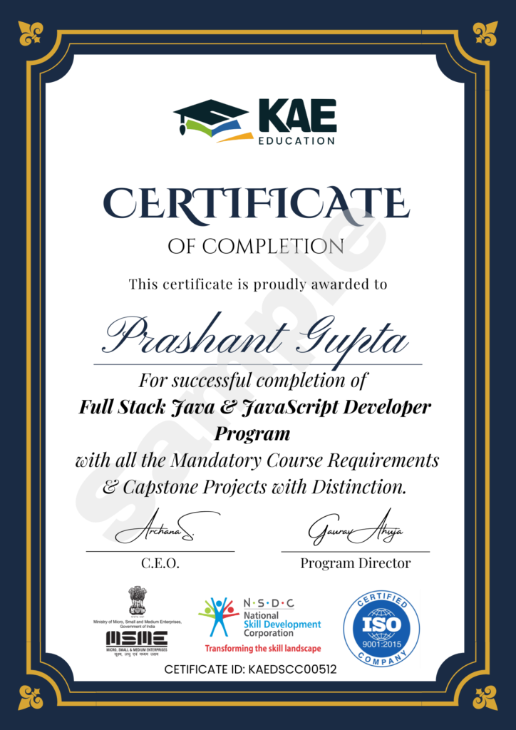 Full Stack Java & JavaScript Developer Program by KAE Education - Sample Certificate