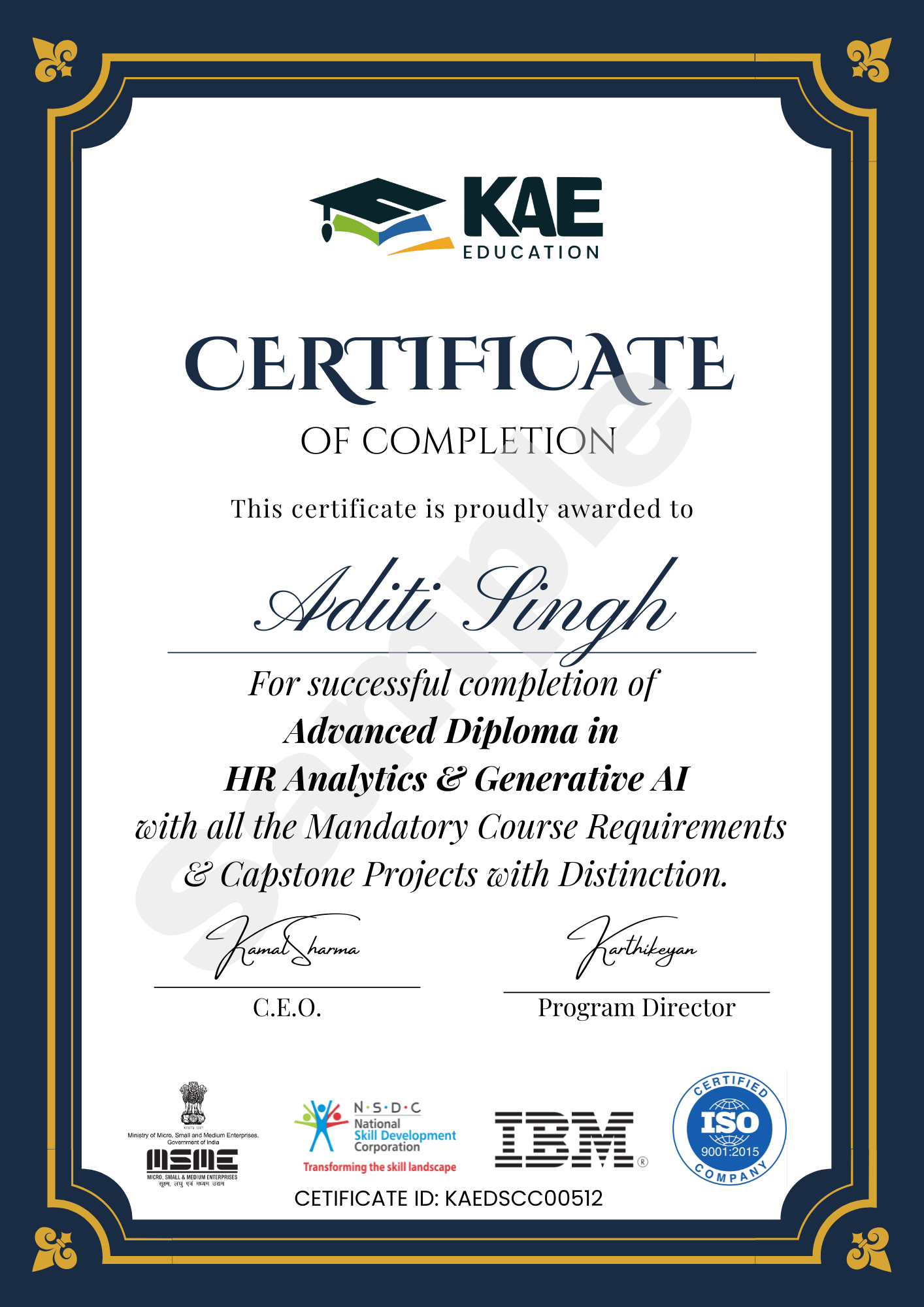Advanced Diploma in HR Analytics Sample Certificate