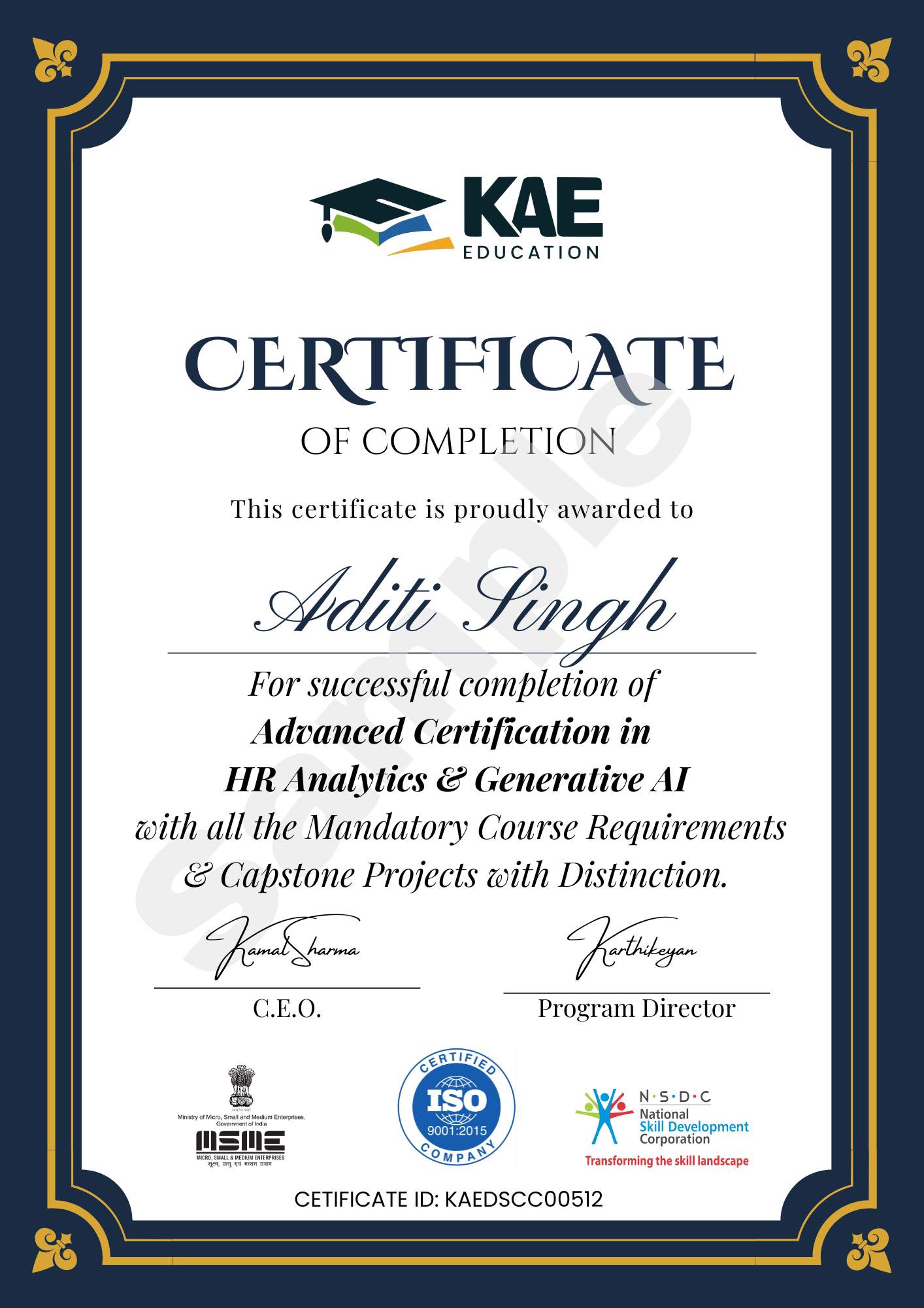 Advanced Certification in HR Analytics & GenAI - Sample Certificate