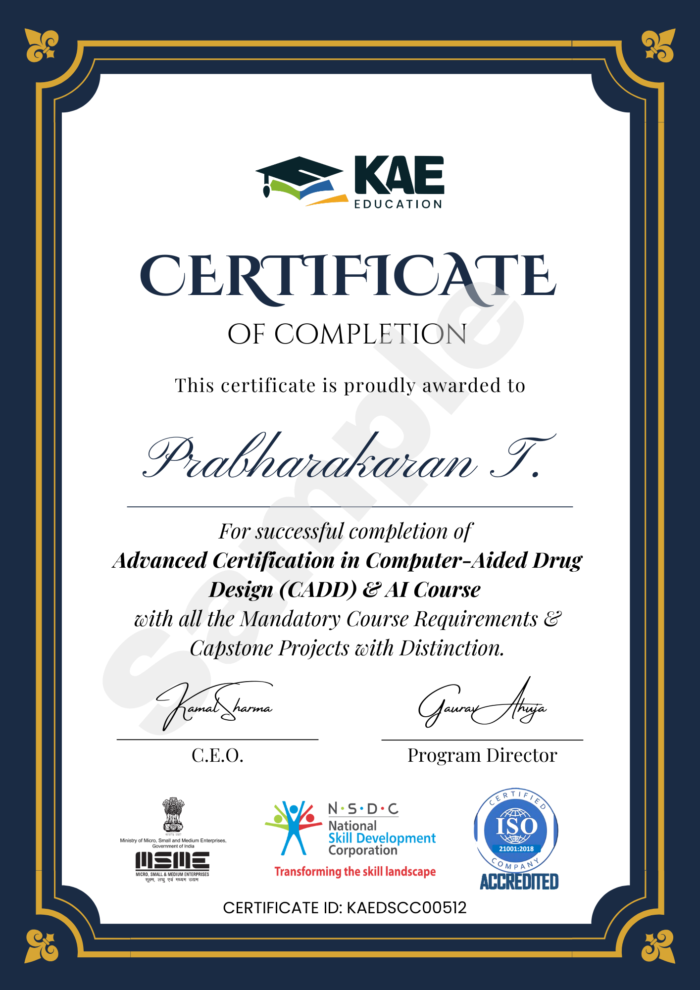 CADD Course by KAE Education Sample Certificate